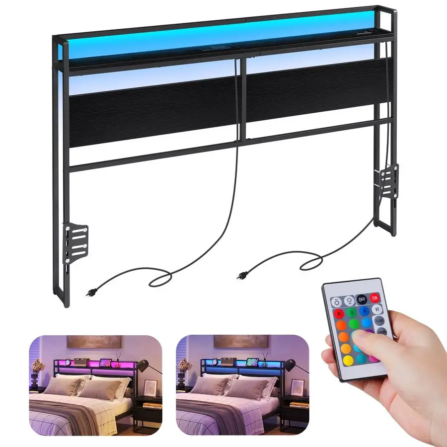 

Headboard for Queen Size Bed, Backboard with Outlets, USB Port, LED Light, Headboard with Shelf, Freestanding Sturdy Back Board
