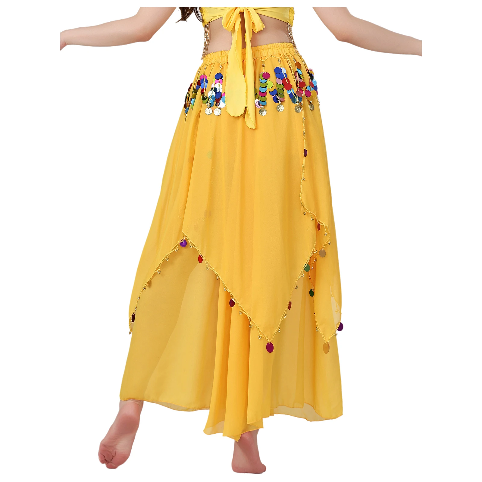 Vrouwen Lyrische Buikdans Prestaties Chiffon Rok Glittery Pailletten Kwastje Rok Danskleding voor India Folk Buikdanskostuums