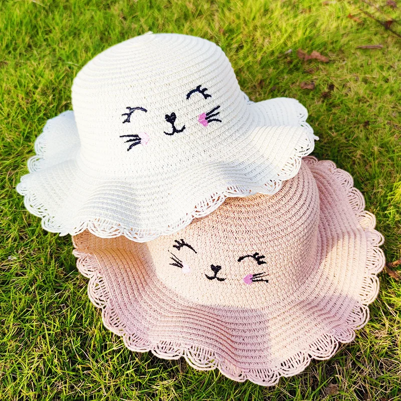 Summer Straw Bag Children\'s Small Shoulder Bags Baby Girls Mini Coin Purses Cute Cat Kids Chest Crossbody Bags Cartoon Straw Hat