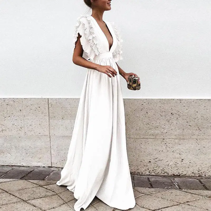 Formal Party  Dress Women Deep V-Neck Long Dress Elegant Flying Sleeves Backless Maxi Evening Dresses Robe De Soiree