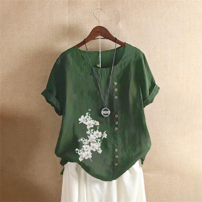 

Summer 2025 vintage plus casual loose cotton and linen short-sleeved sweaters and T-shirts for plus women