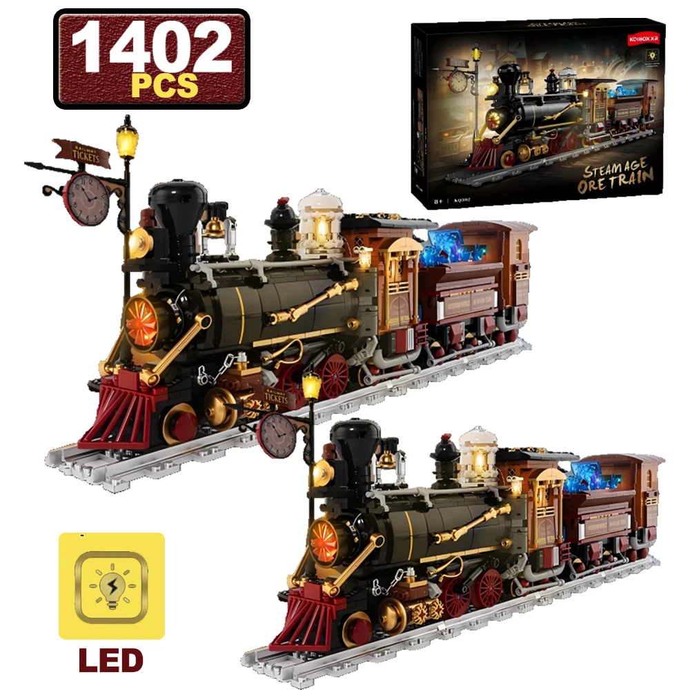 

1402 PCS City Technical Steam-powered Ore Trains Building Blocks MOC LED Lights Retro Punk Mechanics Bricks Toys for Kids Gifts