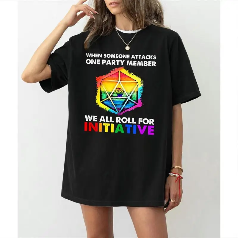 

Women's D&D Pride T-Shirt, Rainbow D20 RPG Gamer Tee, "Roll for Initiative" Funny Gift, LGBTQ+ Ally Fantasy Casual Top