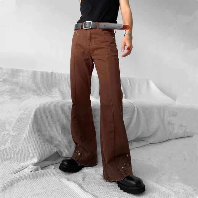 2022 New Fashion Vintage Brown Baggy Men Cargo Flare Jeans Pants 
