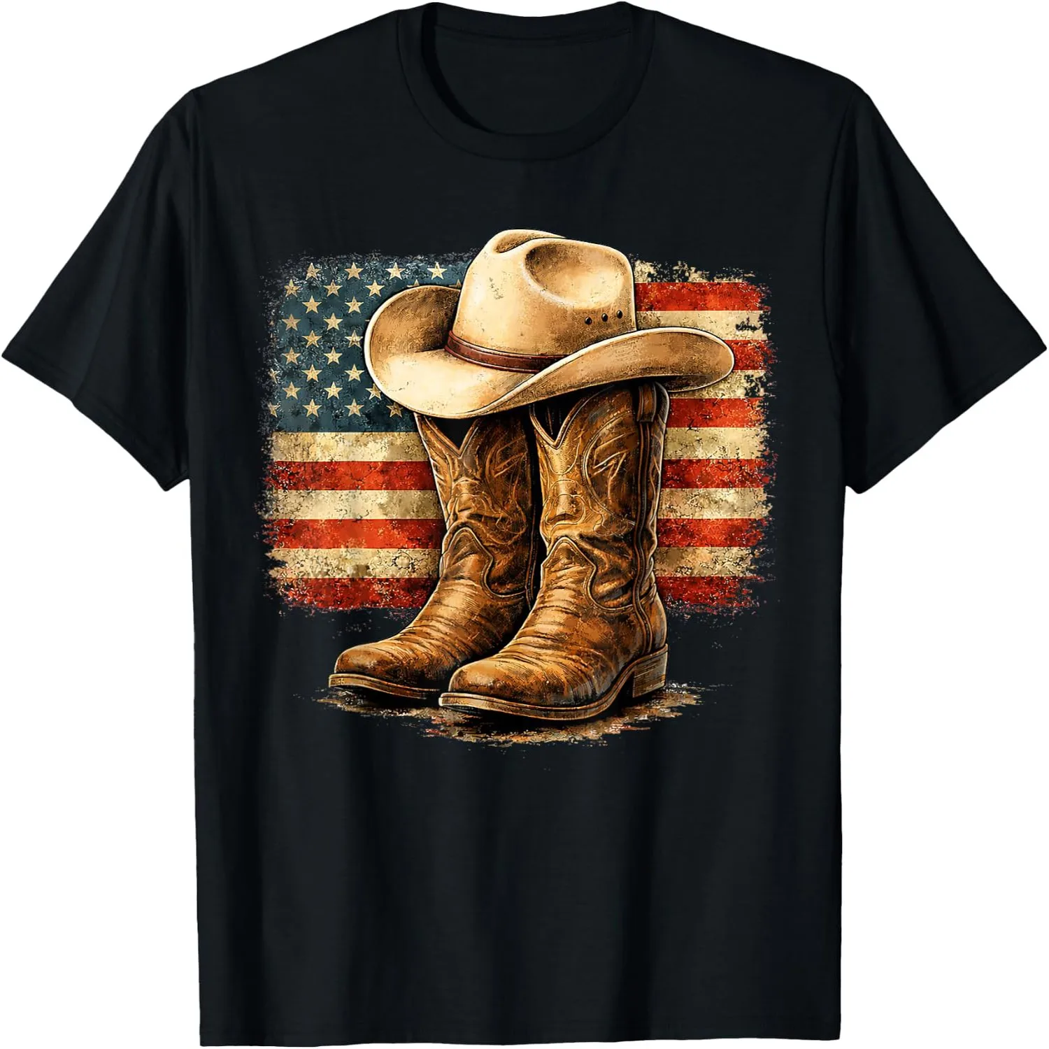 American Flag Cowboy Hat Boots Vintage Western USA Flag T-Shirt