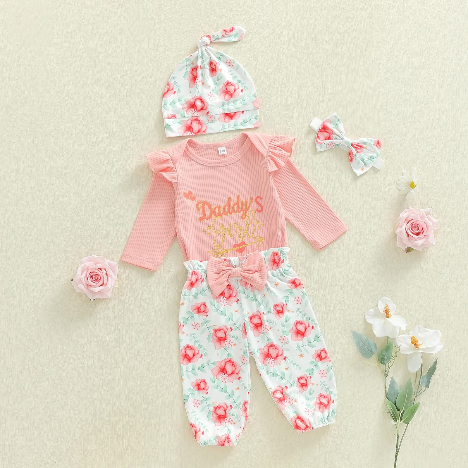

Tregren 0-12M Infant Baby Girl 4pcs Clothes Sets Newborn Long Sleeve Letters Printed Romper with Floral Pants Headband and Hat