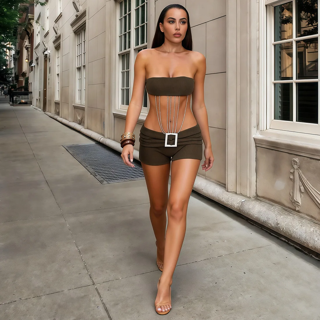 

Ribbed Knitted Metal Chain Playsuits Women Sexy Strapless Backless Buckle Ruched Night Clubwear Romper Casual Streetwear Overall