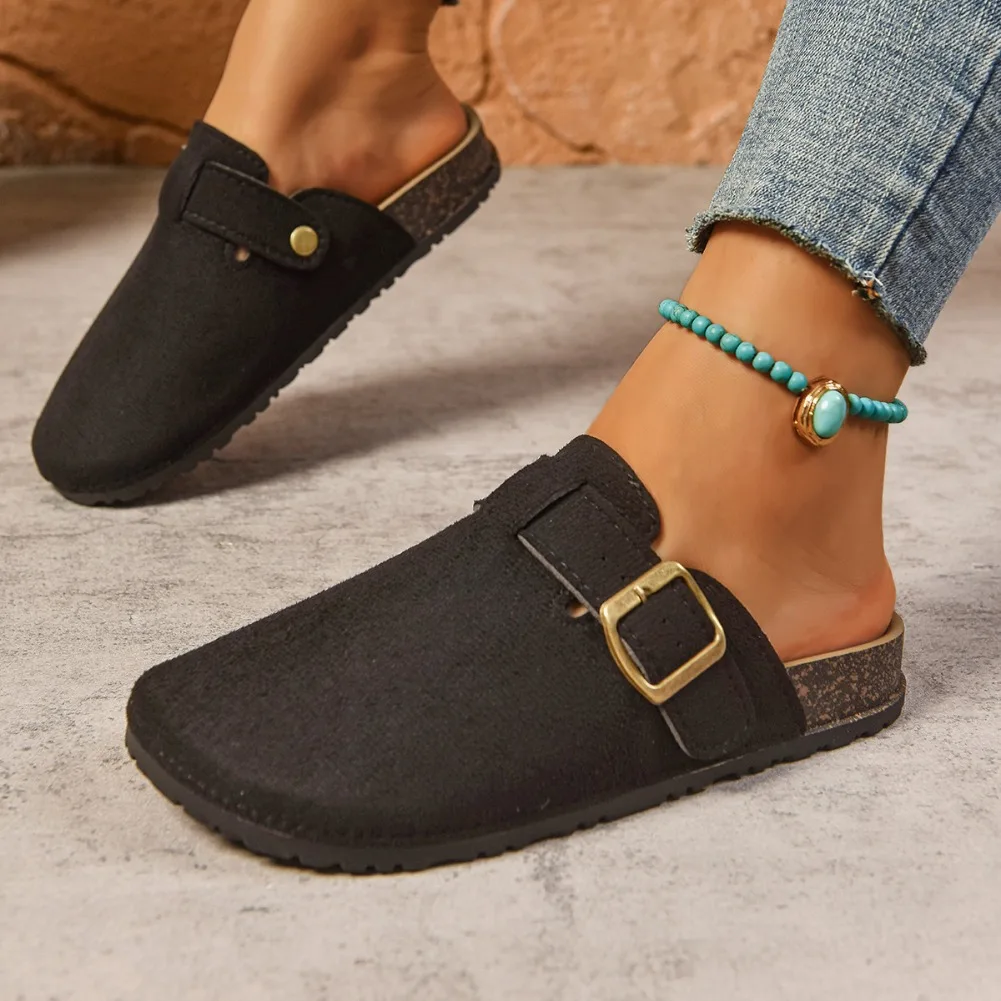 

Buckle Decor Flat Slippers Women 2025 Summer Closed Toe Thick Sole Non Slip Flats Woman Plus Size Light Comfort Casual Slides
