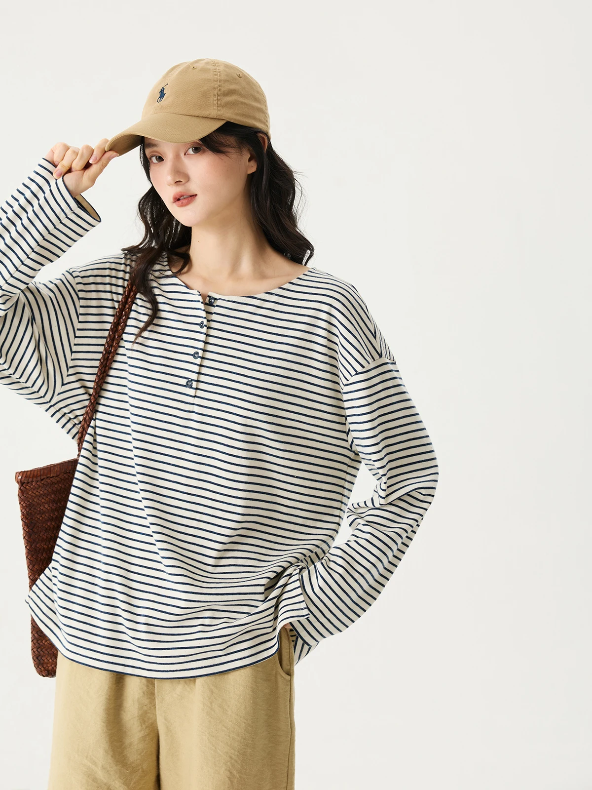 

Comfortable Long Sve T-irt Lytton Loose Fit Henry Collar Casual Sle Women's Spring Faion Striped Pattern