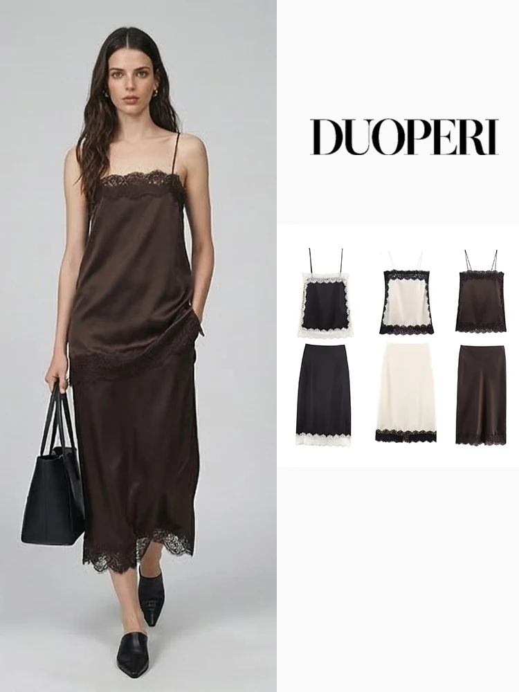 

DUOPERI Women Fashion 2 Piece Sets Solid Lace Camis Tops & Vintage Back Zipper Slit Midi Skirt Female Chic Lady Skirts Set