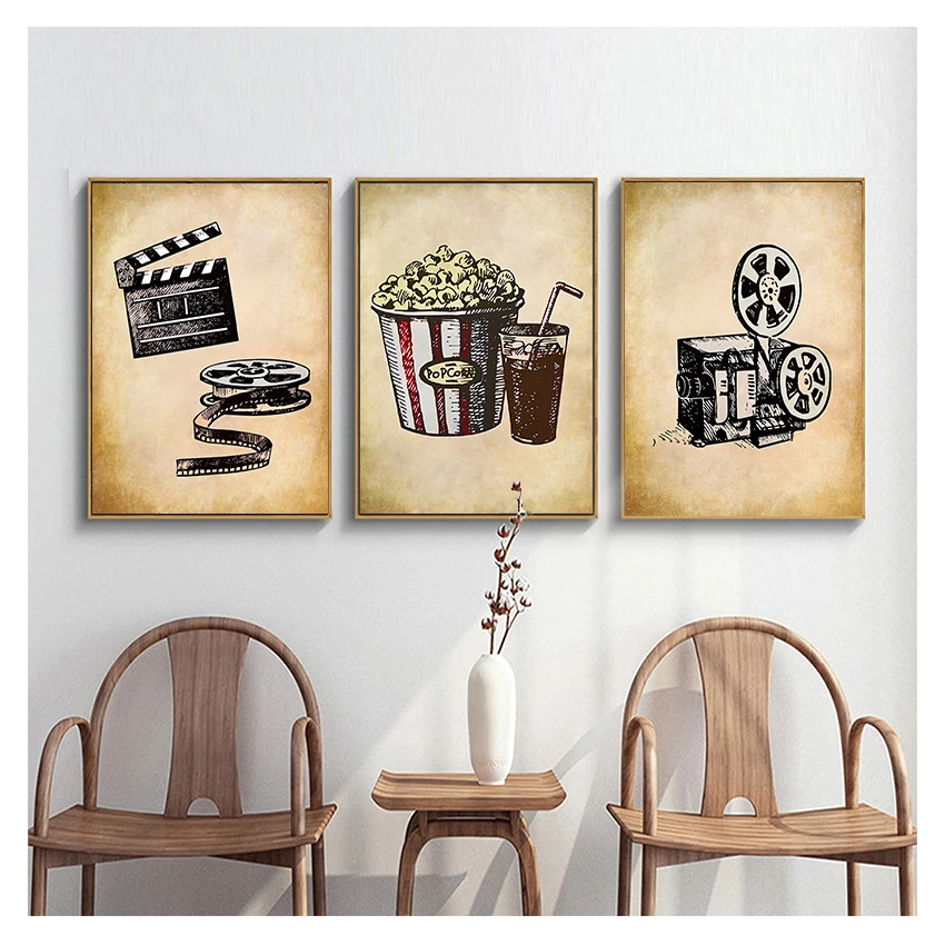 Painting Wall Picture Popcorn Film Clapper Poster Retro Home Decoration For Cinema Living Room Movie Theater Vintage Art Canvas