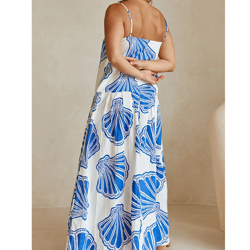 Women's Y2K Spaghetti Strap Long Dress Summer Casual Boho Sleeveless Shell Print Maxi Dress Ladies Flowy Beach Party Dresss