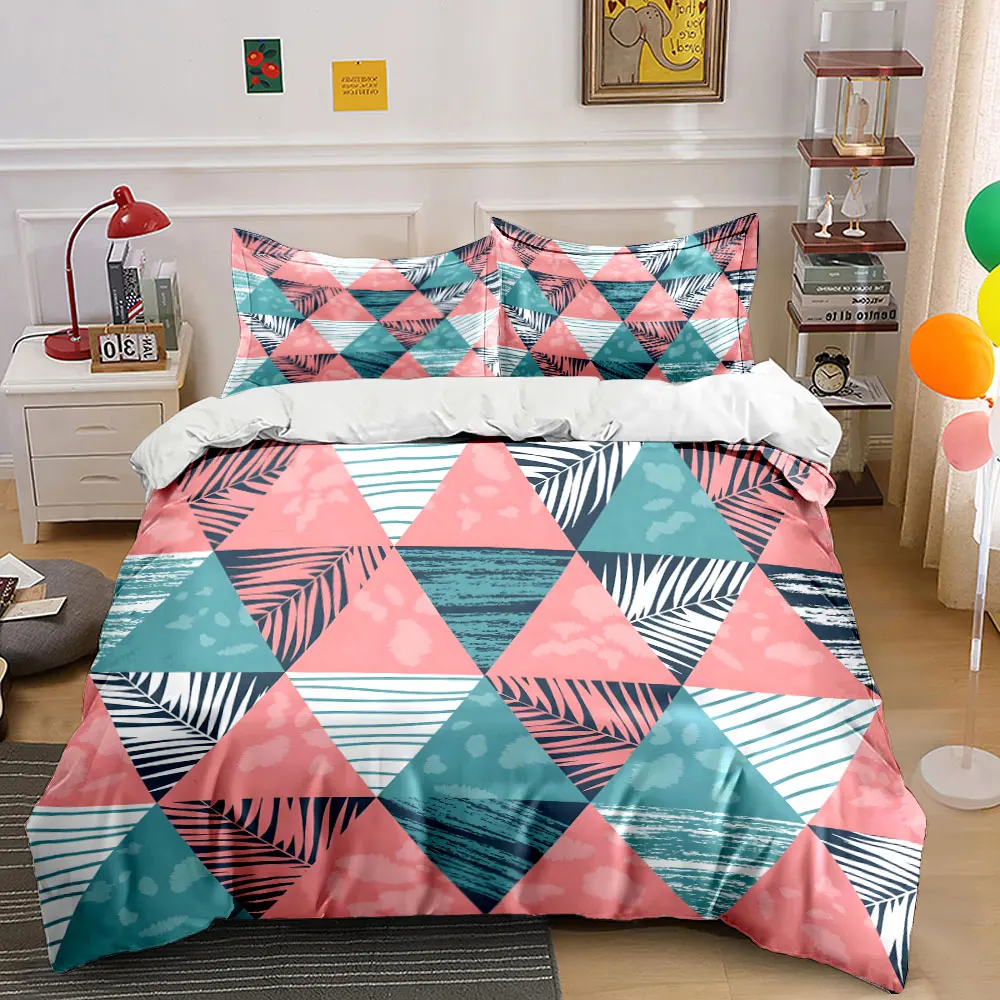 Geometric Triangles with Tropical Leaves Pattern Duvet Cover Set Digital Print Colorful Polyester Bedding with Zipper Closur