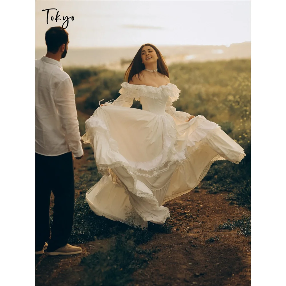 Tokyo Vintage Lace Ruffle Maxi Cottagecore Dress Off Shoulder Boho Wedding Dress Tiered Corset Fairycore Gown Photo Shoot 2026