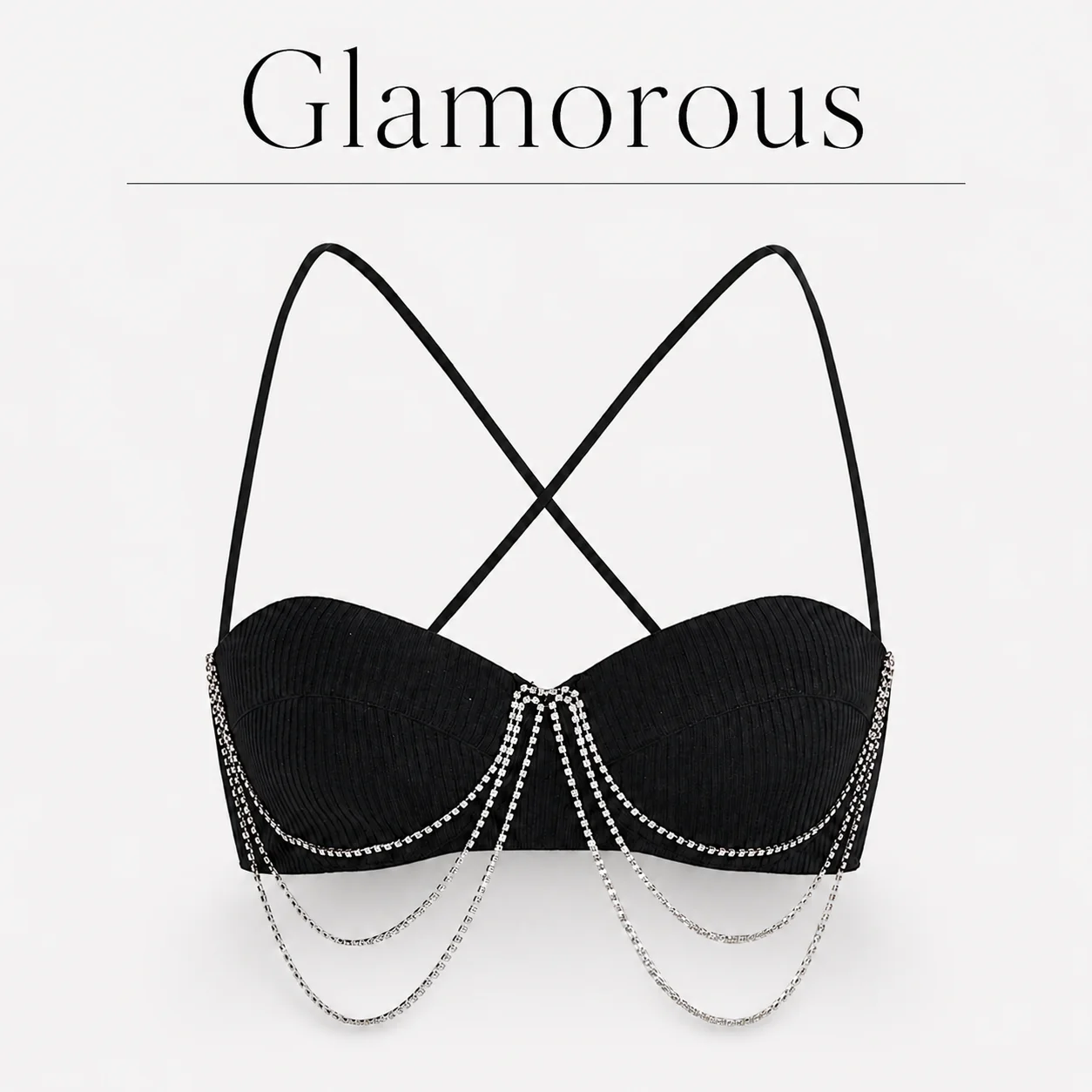 Sexy Black Rhinestone Chain Crop Top Women 2024 Summer Cross Back Adjustable Strap Form Fitting Date Night Bustier
