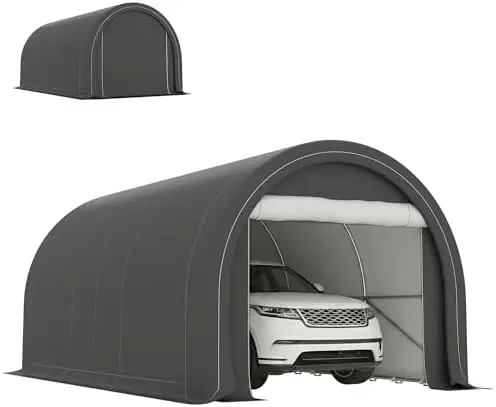 10' x 16' Carport, Heavy Duty Portable Garage Storage Tent with Large Zippered Door, Anti-UV PE Canopy Cover for Car