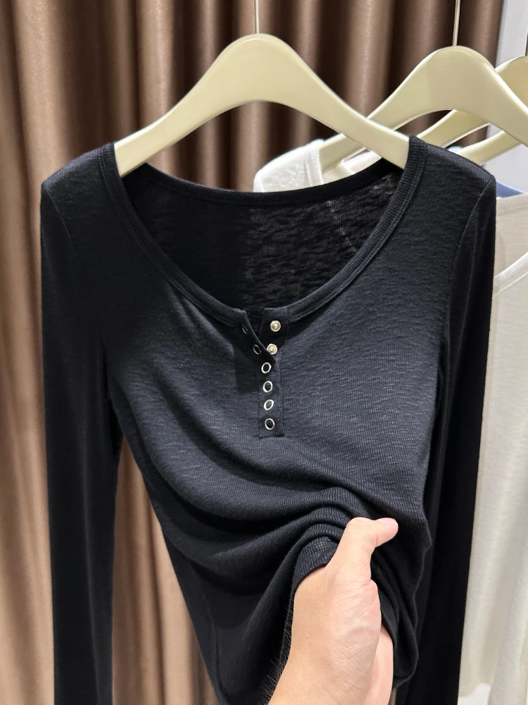 

Ele Bla Button f Open Ne Soft Ribbed Knitted Base irt Women Early Spring Inner Wear Slim Fit Top Korean Sle