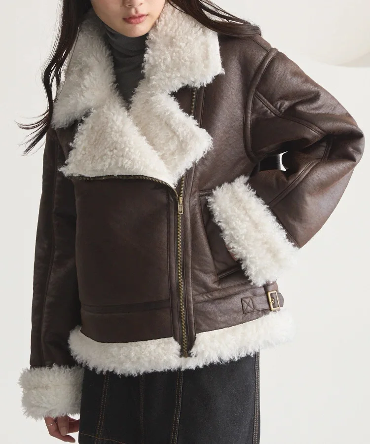 Warmth Short Women's Jacket MONOM Vintage Fur Collar Zipper Style Long Sleeve Commute Fashion Loose Fit Spring Season