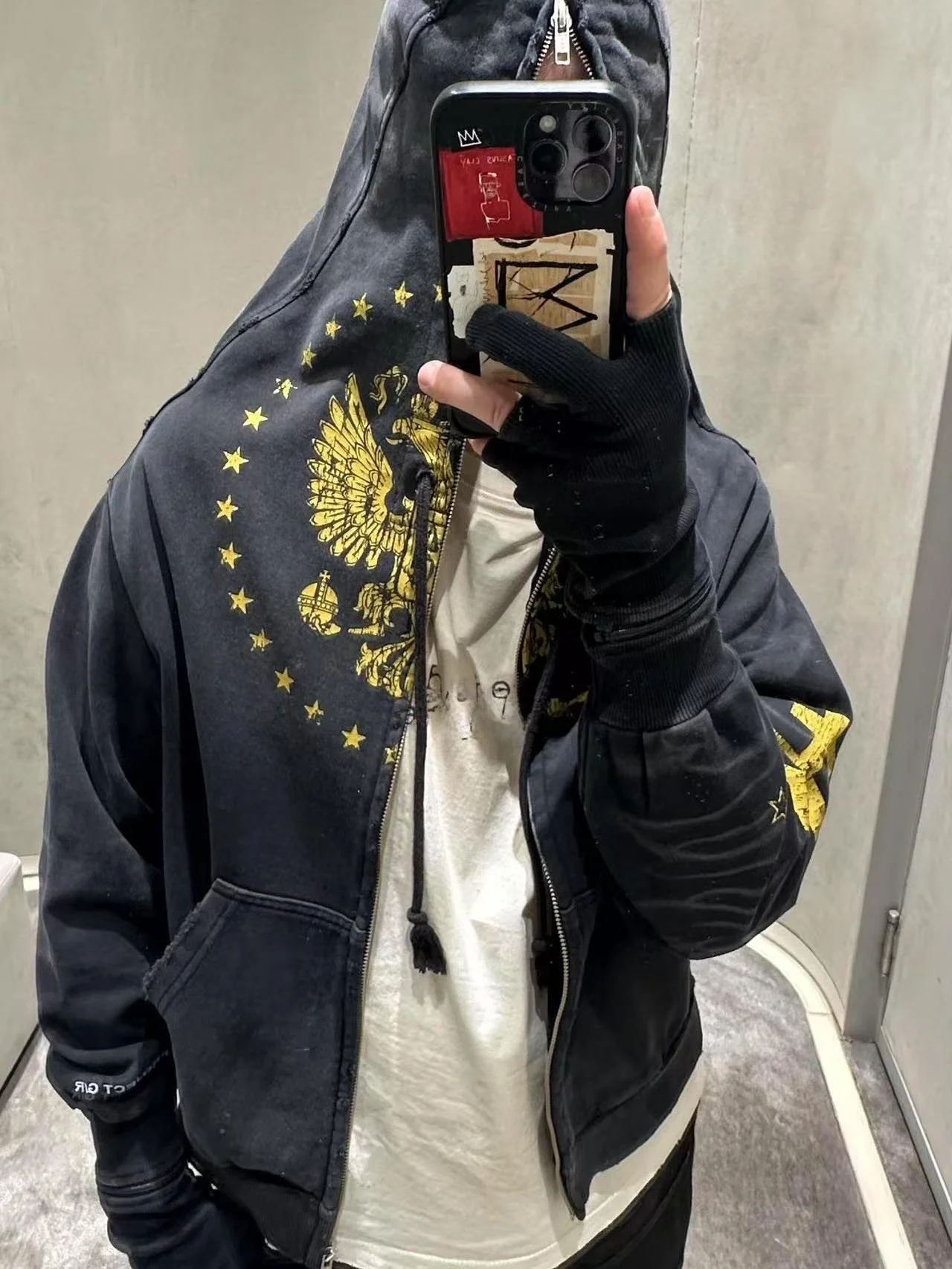 

Ailz 24ss Double Head Bird oulder Connected Two-In-One Gloves Vintage Zipper Jaet Hoodie Sweatirt ex Autumn Winter ...