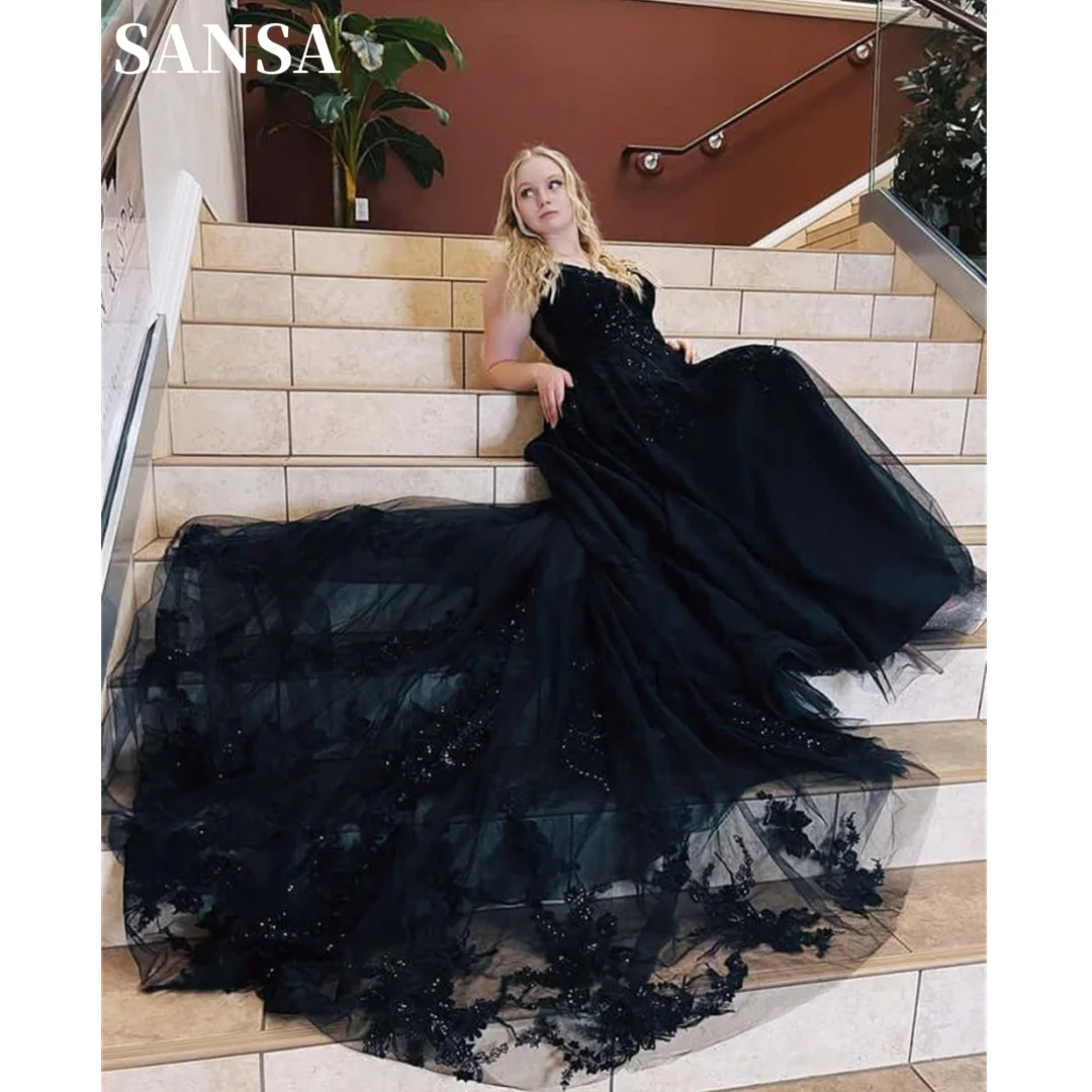 Sansa Elegant Black Tulle Sweep Tail فساتين السهرة Gothic A-line Vestidos De Noche Sexy V-neck Spaghetti Strap Prom Dresses