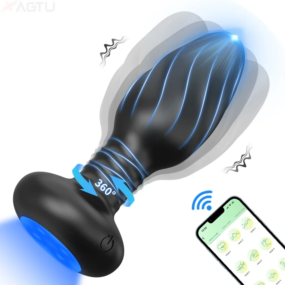 Vibrador con LED y rotación de 360 ° para hombres, tapón Anal, masajeador de próstata, aplicación Gay, juguete sexual para parejas