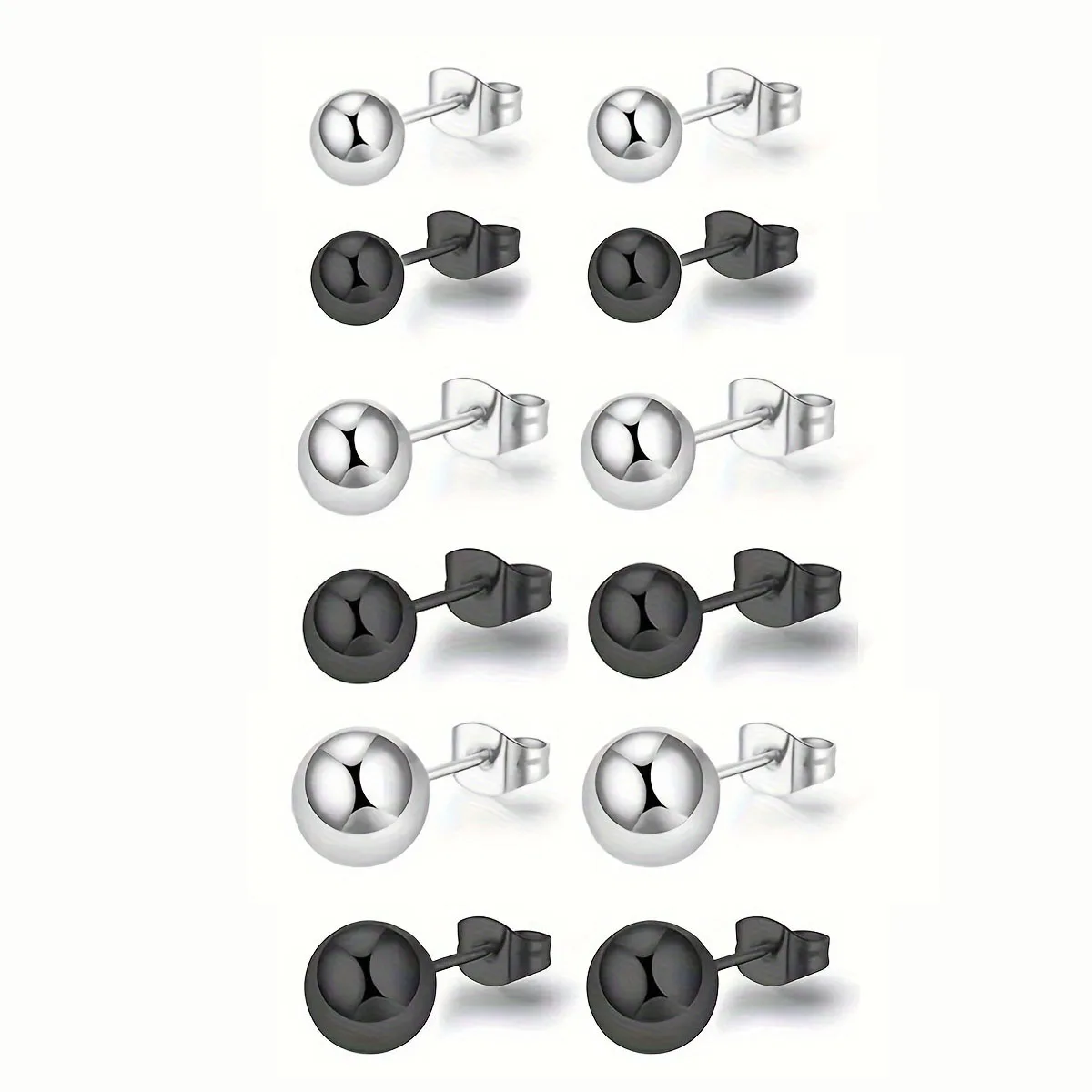 6pcs/12pcs Size 3/4/5mm Simple Classic Stainless Steel Round Ball Bead Stud Earrings Cartilage Piercing Jewelry for Women Men