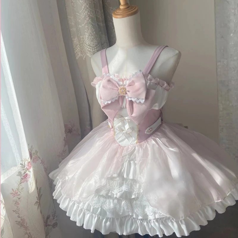 Sweet Lolita Suit Elegant Big Bow Suspender Skirt, Bubble Sleeve Vest Lace Socks Lace Ruffle Edge Satin Mesh Princess Cos Skirt
