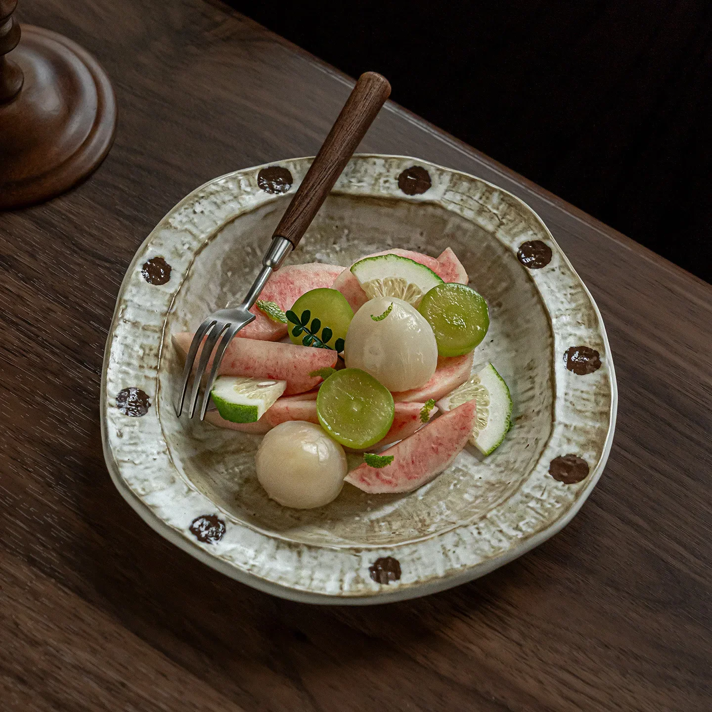 DSA Japanese polka dot coarse pottery plate retro style dessert plate special-shaped plate household ceramic tableware vegetable