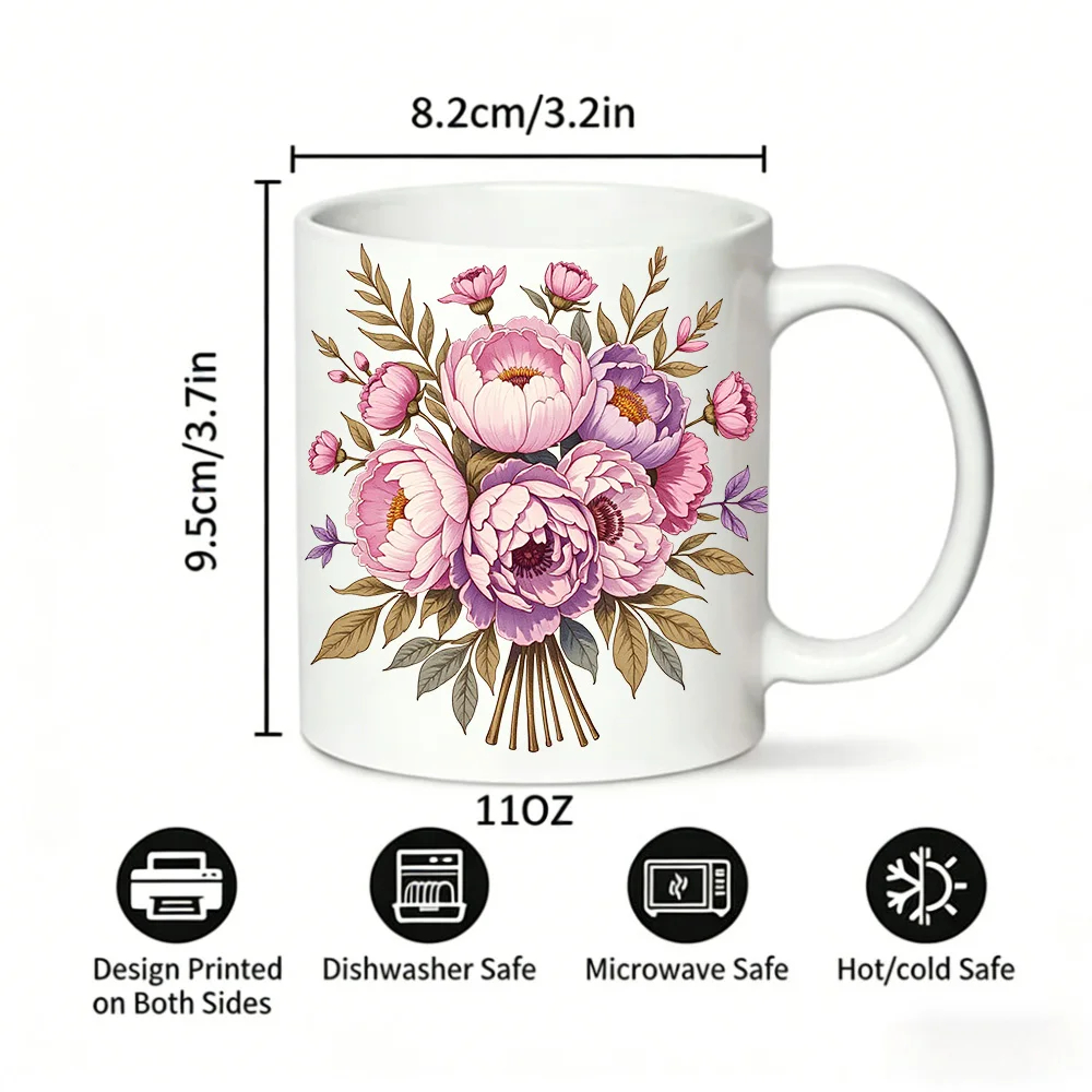 Cup & Mug Set, Peony Flower Bouquet Ceramic Mug, Coffee Mug, Milk Cup, Office Tea Cup, Drinking Cup, Gift for Friends
