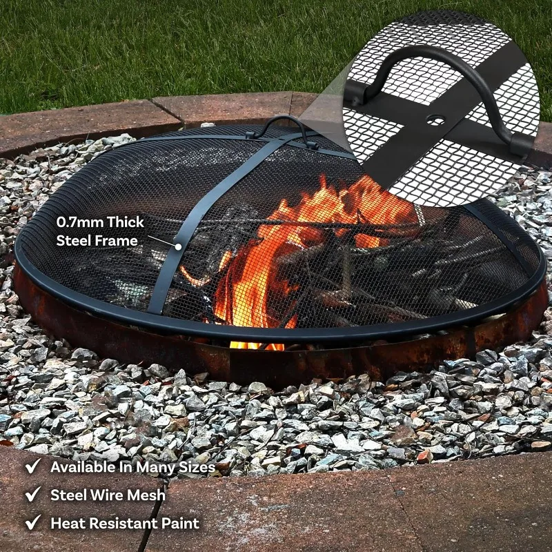 Heavy-Duty Steel Mesh Fire Pit Screen - Fire Pit Spark Screen with Handle - 40-Inch Diameter