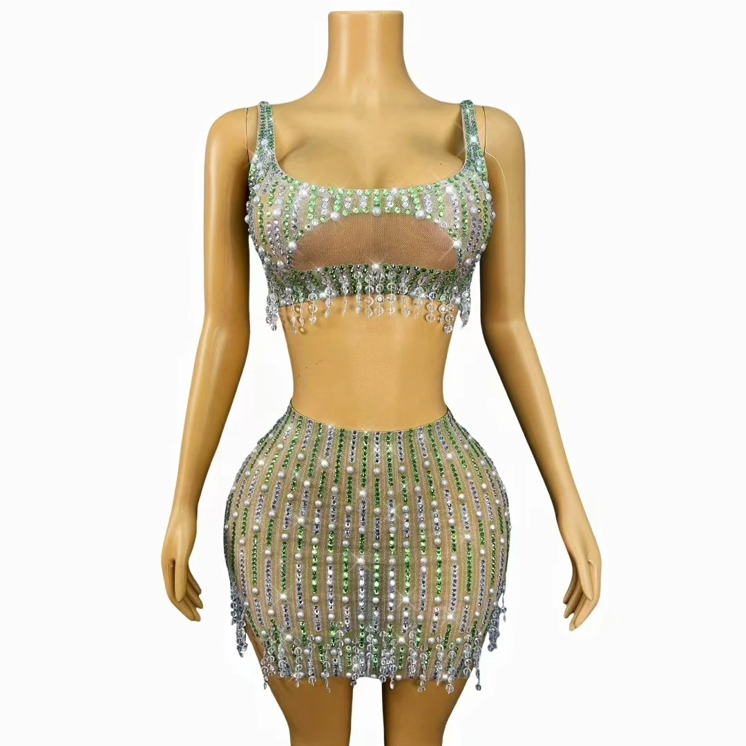 Sparkly Rhinestones Beading Crop Top Mini Skirt 2 Piece for Women Club Party Prom Celebrate Birthday Set Singer Stage Costume