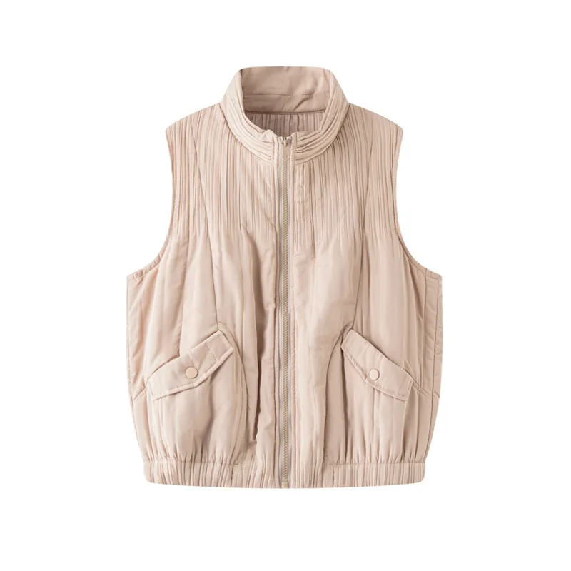 

Miyake Pleated Fall and Winter Women Vest Vest Solid Color Lapel Zipper Pocket Design Casual Vintage Female Jacket