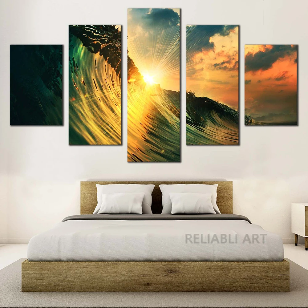 5 Pieces Cloudy Sky Canvas Painting Wall Art Ocean Waves Sunset Multi Falling Landscape Posters and Prints for Living Room Decor