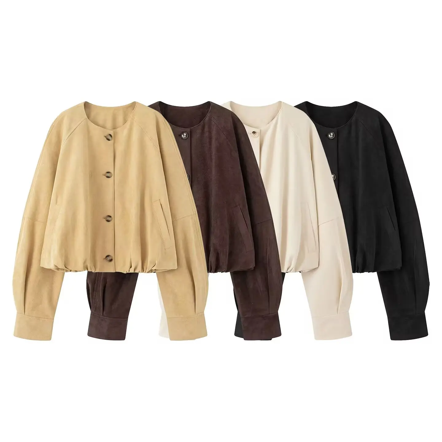 

2025 Autumn Women's Solid Color Round Neck Long Sleeve PU Single Breasted Jacket