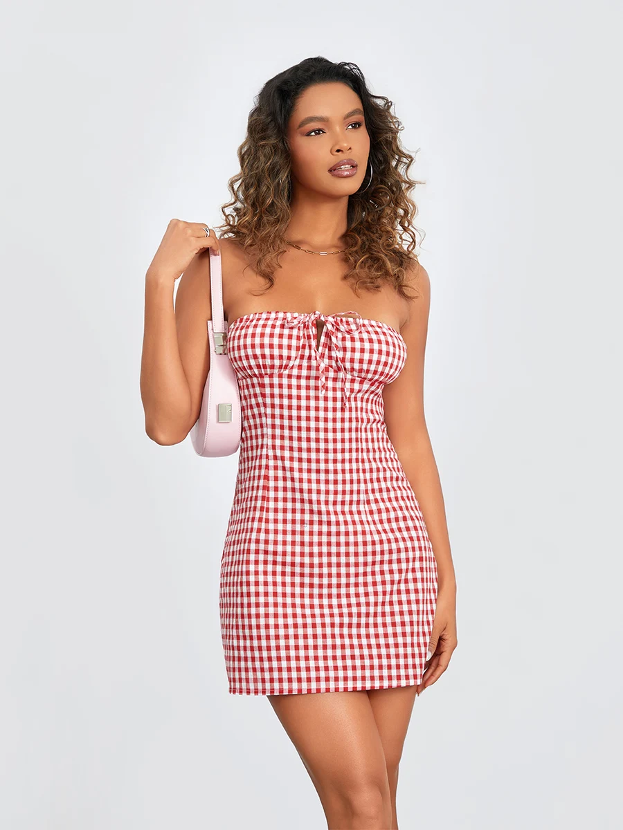 

Women Mini Dress Strapless Backless Tie-up Plaid Dress Slim Fit Summer Tube Dress Clubwear