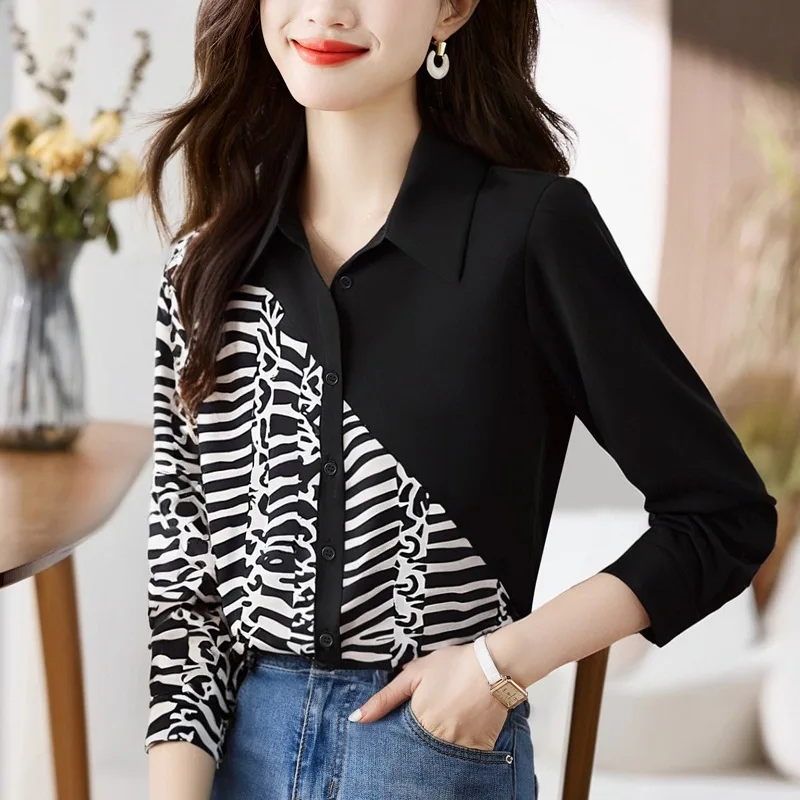 Moda casual outono feminino turn-down colarinho cor-bloco chiffon topo aberto cardigan camisa base listrado leopardo impressão
