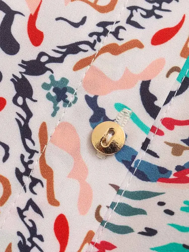 European style new women's fashion versatile temperament loose round neck printed shirt flared trousers suit