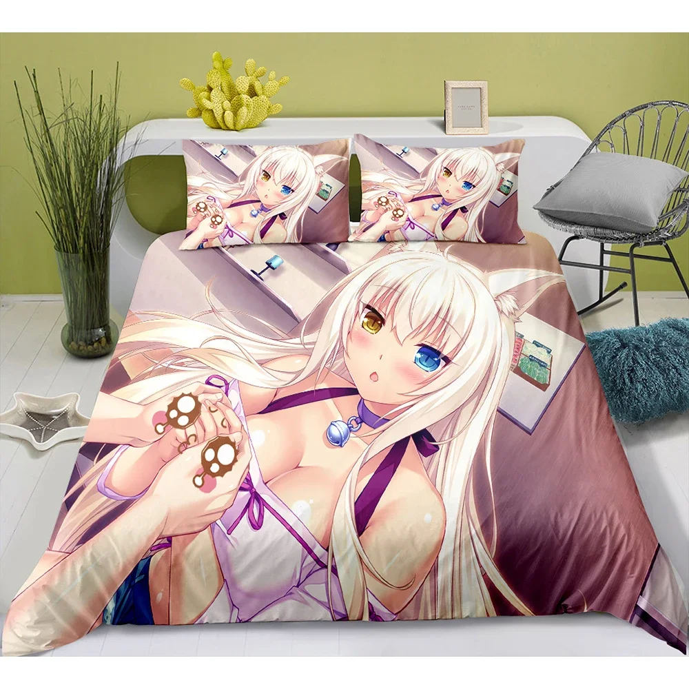 Cute Anime Cat Maid Pattern NEKOPARA 3pcs Bedding Set Game Printing Duvet Cover and Pillowcase Bedroom Decorate for Otaku Teens