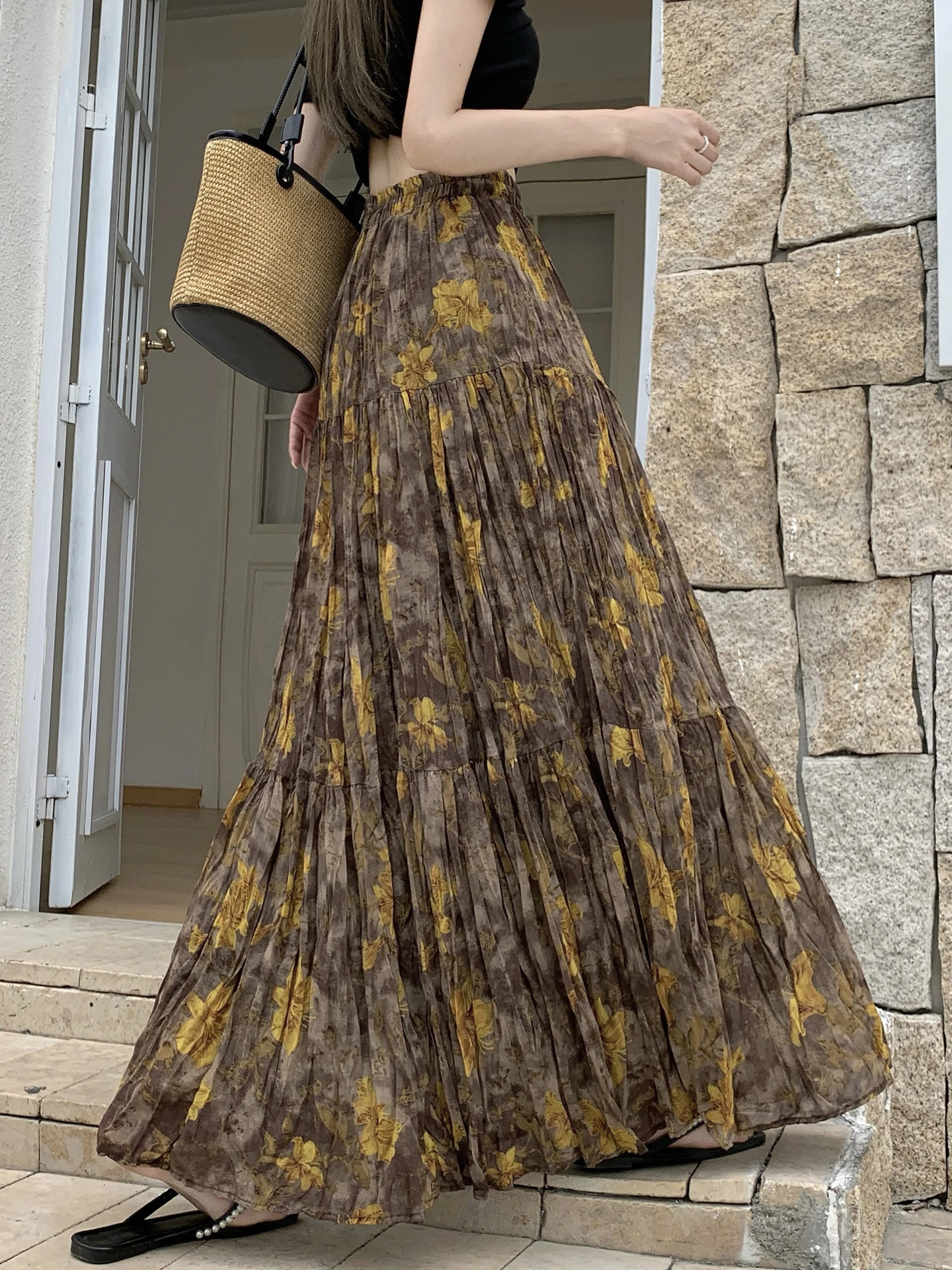 

Retro Floral Print Asymmetrical Hem High Waist A-Line Long Skirt Women's Summer Slimming Polyester Fiber Gored Skirt
