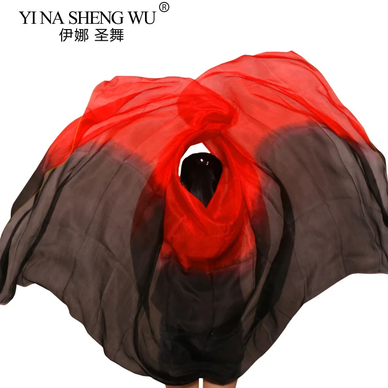 100% الحرير الحقيقي الرقص الشرقي الحجاب 250/270*114 سنتيمتر التدرج اللون أسود + أحمر اليد مصبوغ الرقص اكسسوارات الحجاب الحرير يمكن تخصيصها #5