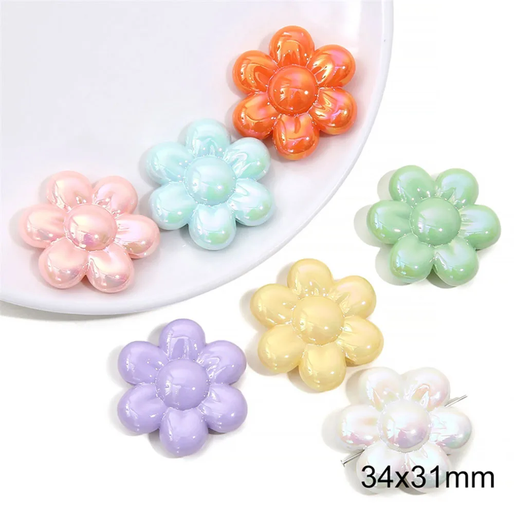 10Pcs Acrylic Six Petals Flower Loose Beads Cream Color AB Beaded For Jewelry Making DIY Necklace Bracelet Accessories 34*31mm