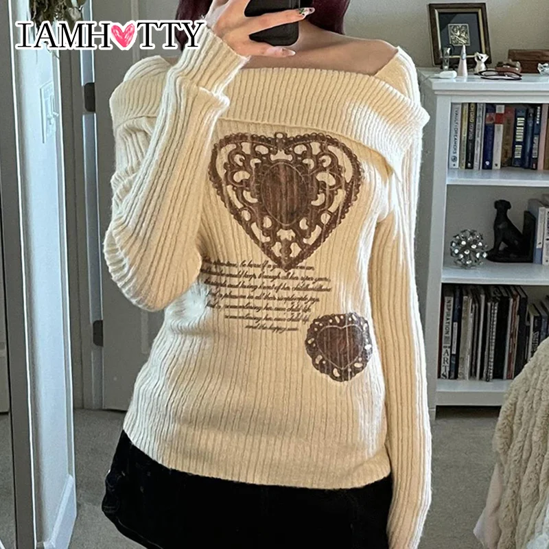 IAMHOTTY Y2K Heart Graphic Print Sweater Pullovers Women's Autumn Winter Slash Neck Knitting Top Harajuku Slim-fitting Knitwear