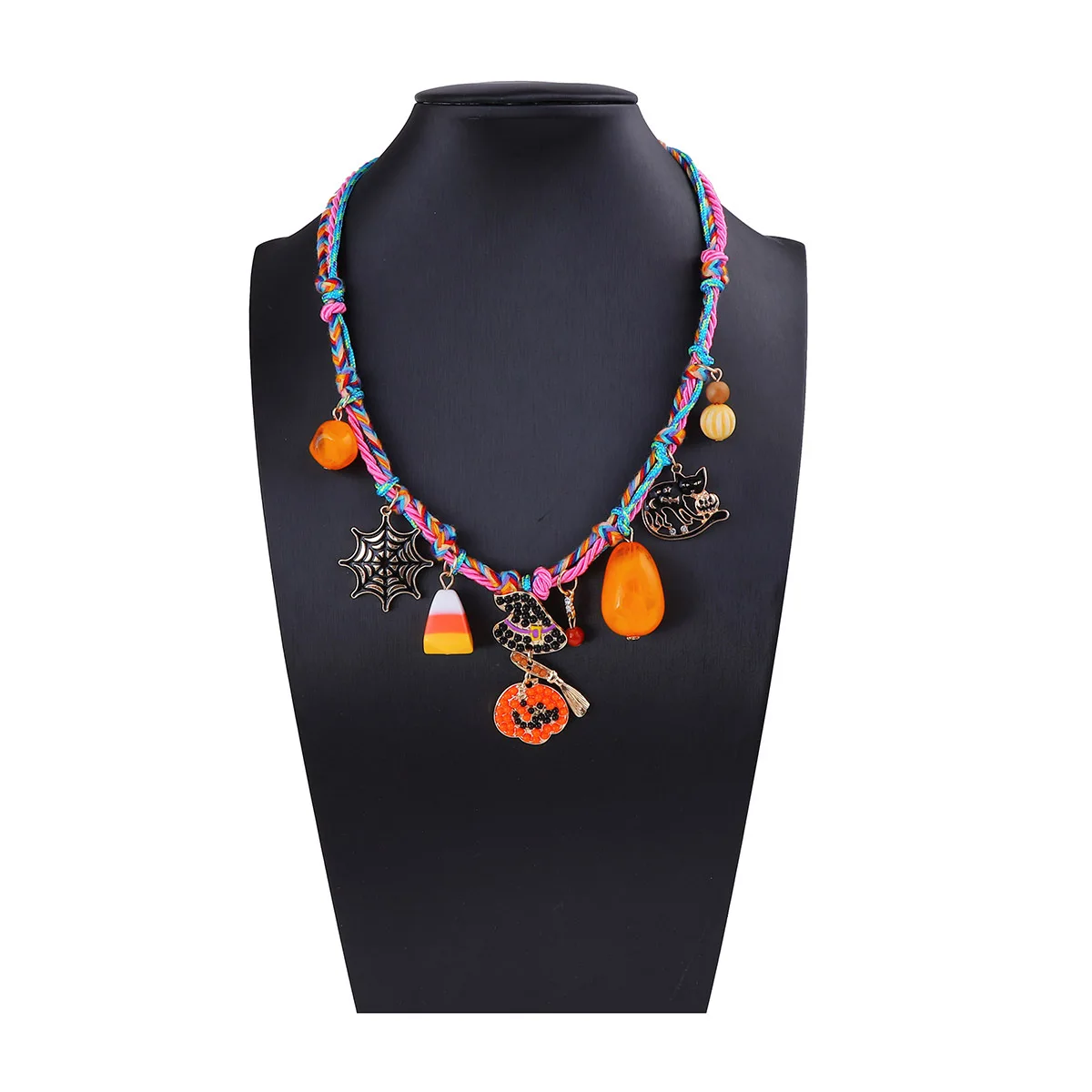 

ZAA New Design Halloween Jewelry Vintage Enameled Cat Pumpkin Pendant Handmade Woven Choker Necklaces Personalized Accessories