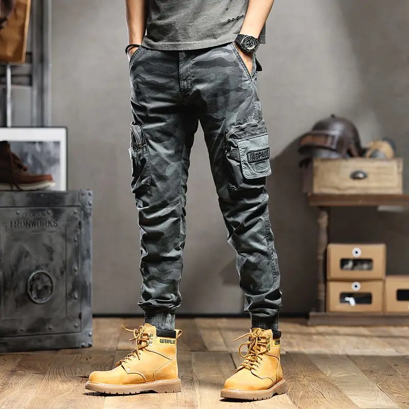 Men\'s Camouflage Joggers Cargo Pants Angle-banded Fashion Streetwear Male Sweatpants Military Tactical Casual Pants MultiPocket