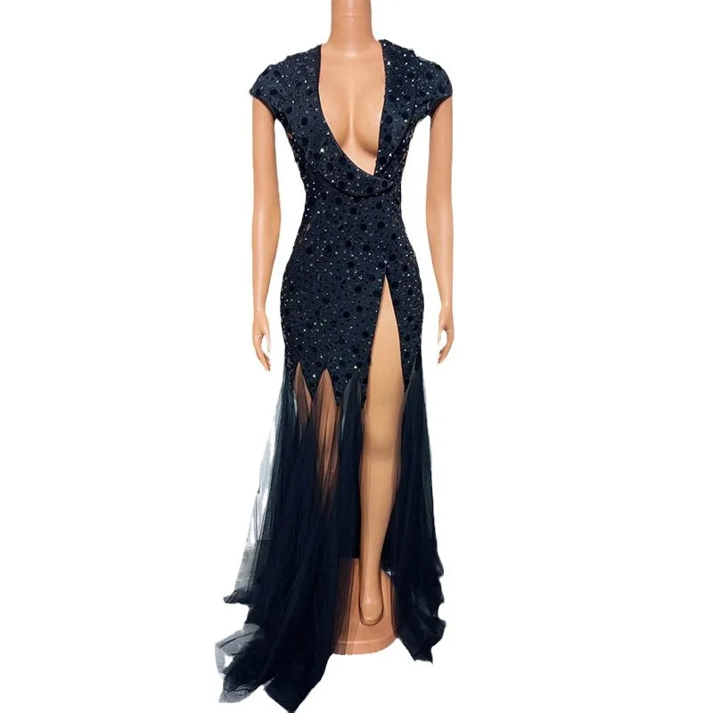 Abito avvolgente alla moda con spacco in rete nera, compleanno, sera di fascia alta, modello adulto, passerella, abito alla moda, maxi abiti per invitati al matrimonio