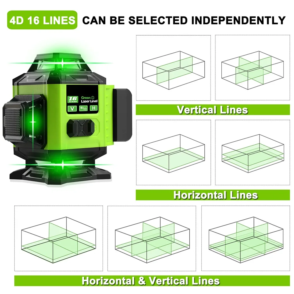 4D Laser Level 8/12/16 Green Line Self-Leveling 360° Horizontal ＆ Vertical Cross Powerful Green Beam Laser Level Household Tools