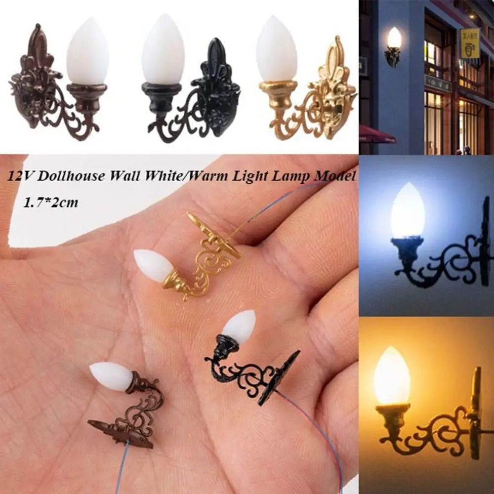 New 1.7*2cm Dollhouse Wall Lamp ABS Metal Material 12V White/Warm Light Model House Garden Decor Sand Table Chandelier