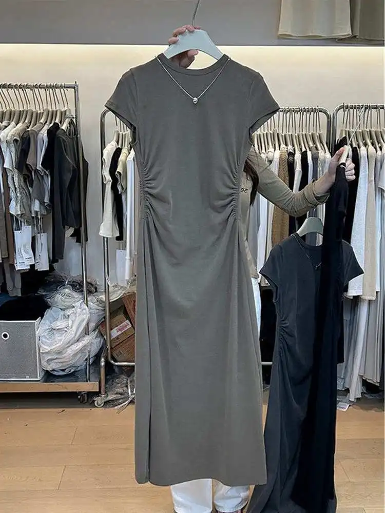 Grande taille 300 Pou été minceur plissé Anti-âge T-shirt femmes Midi Dr décontracté coréen Sle coupe ample rond Ne S...