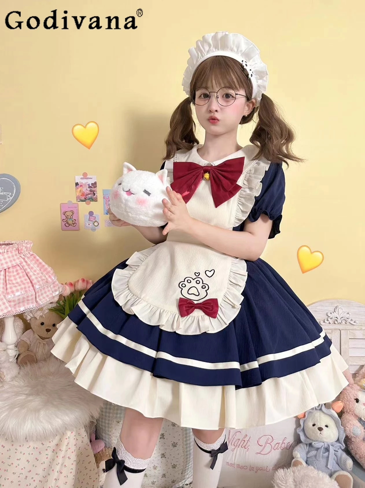 

Y2K Kawaii Mini Dress Short Sleeve Op Women's Cute Sweet Girls Slim Bow Ruffle Maid Costume Soft Girl Lolita Dress and Apron Set