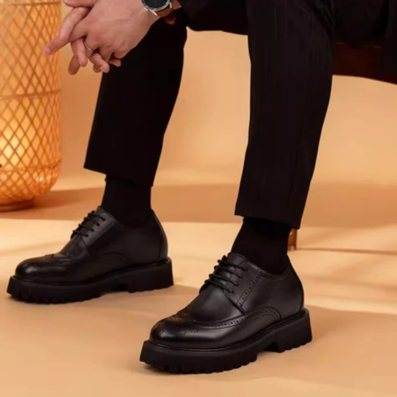 Men's Dress Shoes for 8cm Elevator Genuine Leather Breathable Cowhide Handsewn Height Increasing Shoes Brock Black Derby Shoes